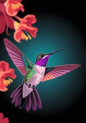 Obraz premium Vibrant hummingbird with outstretched wings near red flowers flying feathers
