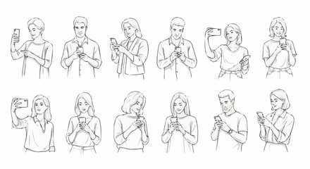 Diverse group of people using smartphones in various poses.