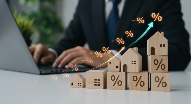 Rising Interest Rates Impacting Home Mortgage Costs with Growing Wooden Houses - Powered by Adobe