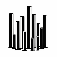 Black and white illustration of cylindrical pillars in varying heights.