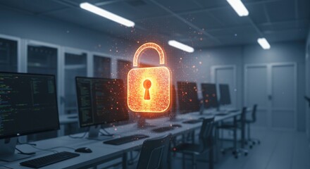 Digital lock symbol illuminates a secure server room
