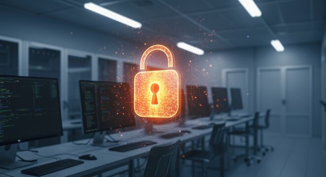 Digital lock symbol illuminates a secure server room