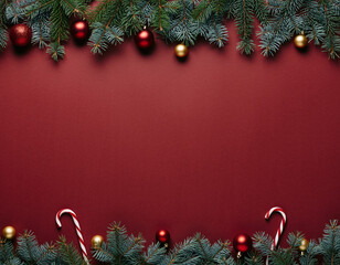 Christmas fir border with red gold baubles and candy canes on red background