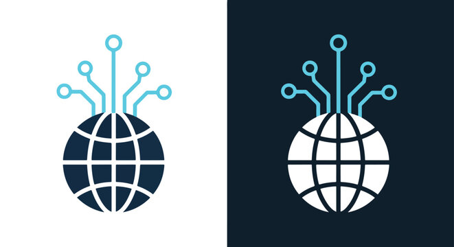 Global network with connected nodes concept - Vector icon symbol for website - Icon vector - Blue icon vector - Line and glyph solid icon and logo template