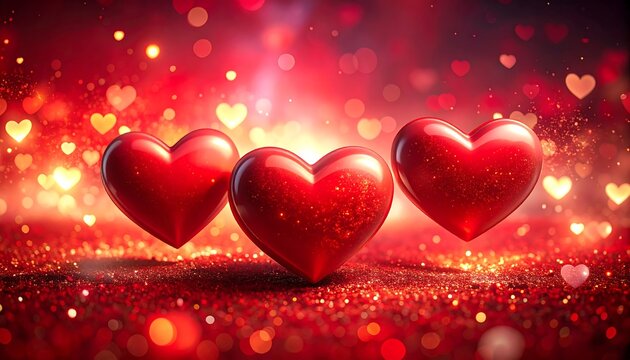 Three glossy red hearts float amidst a bokeh backdrop of red and golden orbs, sparkling with an enchanting love theme