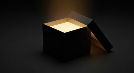 A mysterious black box emits a soft golden light against a dark background creating a sense of wonder and anticipation