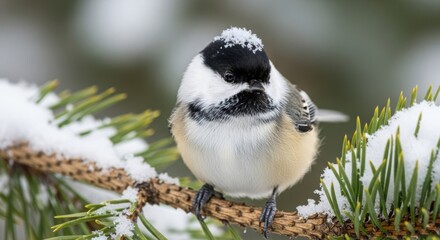 Naklejka premium A small black capped chickadee sits perched on a snow covered pine branch looking directly at the camera