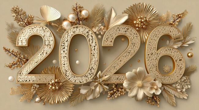 Elegant golden 2026 numbers surrounded by luxurious floral arrangements, pine branches, ornaments and berries in beige tones, sophisticated New Year celebration design, flat lay view on neutral backgr
