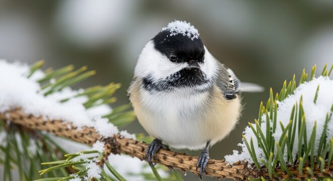 A small black capped chickadee sits perched on a snow covered pine branch looking directly at the camera