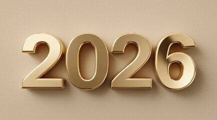 Minimalist metallic gold 2026 numerals with glossy finish and subtle shadows on a plain beige wall background, clean and modern New Year design, front view.