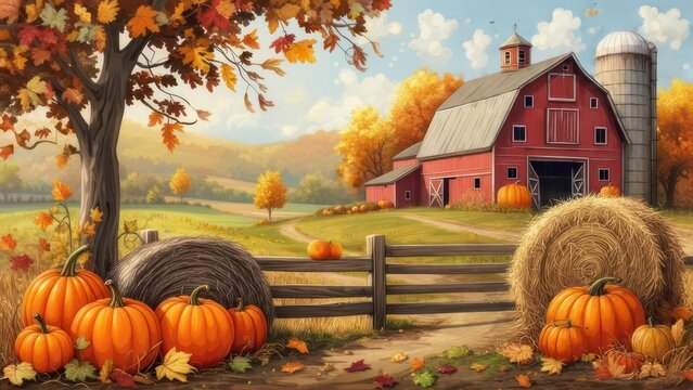 A vibrant autumn scene of a red barn, pumpkins, hay bales, and fall foliage