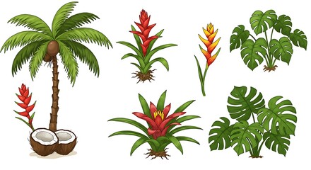Obraz premium Tropical Plants Illustration Set Coconut Palm Tree Bromeliad and Monstera Leaves