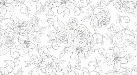 Elegant Hand Drawn Floral Pattern with Delicate Rose and Lily Outlines.
