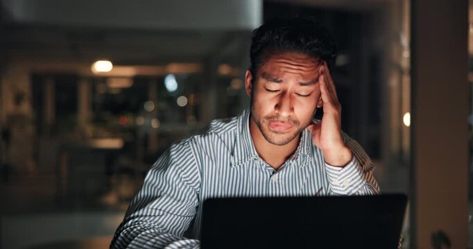 Tired, eye strain and business man at night on laptop for finance review, deadline and research. Corporate, working late and person on computer with fatigue, stress and burnout for financial report