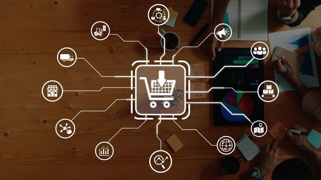 This image depicts a conceptual representation of e-commerce and online shopping, featuring interlinked elements and visual tools for business analysis on a wooden surface. Raster