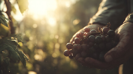 Winemaker's hands holding dark purple grapes