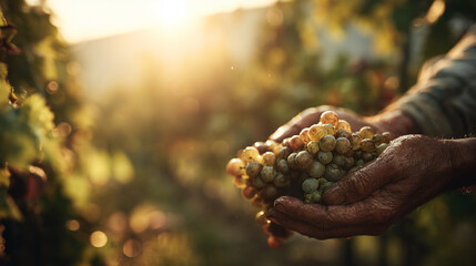 Man's hands holding grapes in sunlit vineyard