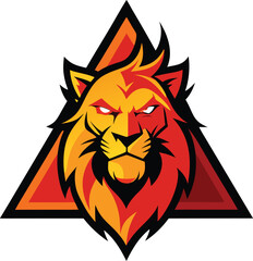Fiery lion head emblem with sharp triangle design isolated on white background