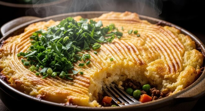 Delicious shepherds pie with mashed potato topping and fresh herbs garnish