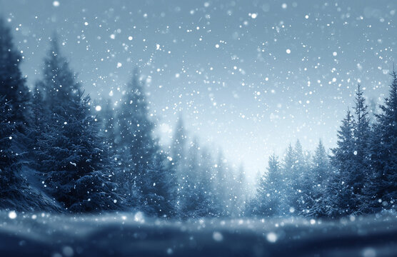 Serene winter landscape with snow-covered evergreen trees in a misty pine forest during heavy snowfall, soft blue tones, foggy background, wide-angle view of a snowy path vanishing into the distance.