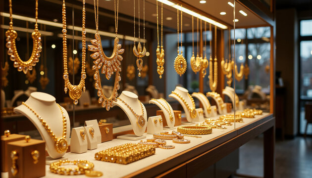 Jewelry store showcase with sparkling necklaces under lights, modern style  