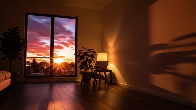 Timelapse of a sunset from a modern room with moving light and shadows. Day to night transition showing clouds and stars through a large window. The passage of time in a contemporary home interior
