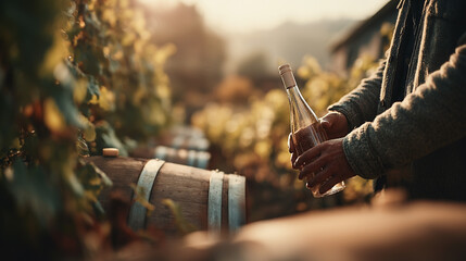 Winemaker with wine bottle in vineyard