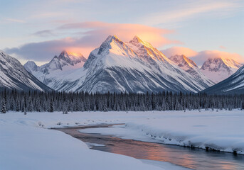 Snow covered mountain range illuminated by sunrise over a winding partially frozen river and dense forest isolate