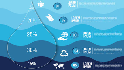 Blue Water Usage Infographic With Percentage Drops And Global Icons For Environment Awareness Sustainability Education