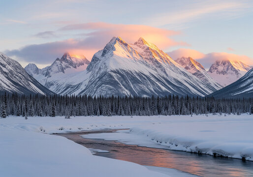 Snow covered mountain range illuminated by sunrise over a winding partially frozen river and dense forest isolate