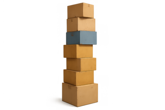 Stack of cardboard boxes including one contrasting box, representing shipping, delivery, moving, and storage