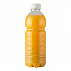 Orange juice plastic bottle with ribbed body and white cap isolated on clean studio background