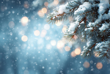 Snow-covered evergreen pine branch with golden bokeh lights in dreamy blue winter background, gentle falling snow, serene frosty close-up view