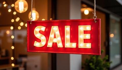 Sale sign hanging with flashing lights in modern style