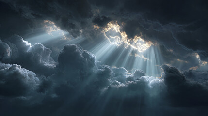 Sunbeams piercing through a dramatic, cloudy sky, creating a beautiful and awe-inspiring scene. The light rays are emanating from a break in the dark, heavy clouds