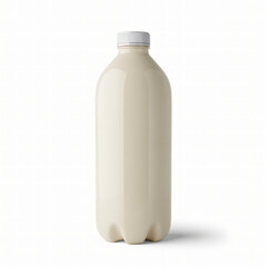 Cream colored plastic milk bottle with minimal design isolated on soft studio background