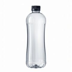 Tall transparent plastic water bottle with black cap isolated on white studio background