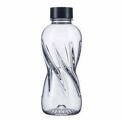 Twisted transparent plastic water bottle with black cap isolated on minimalist studio background