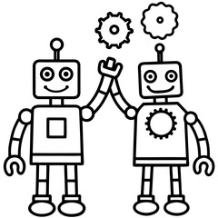 Two Robots High-Fiving Cute Sci-Fi Robot Coloring Pages 