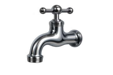 Chrome water faucet with cross handle, isolated on transparent background, reflecting light and ready for plumbing installation