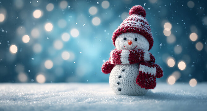Cute smiling snowman in red and white knitted hat and scarf standing on snow, colorful festive bokeh lights in winter blue background, adorable holiday scene