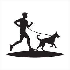 Runner with Dog in Park vector silhouette outline logo design concept illustration