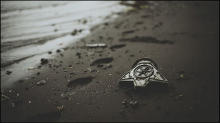 insignia. Crushed military insignia lies in mud amid scattered footprints, earthy tones. ESG reports, sustainability campaigns, designed for environmental awareness campaigns.