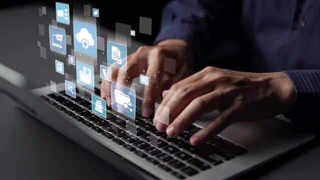 Concept design of managing online documents with cloud storage, digital file management, and secure sharing. Online documents improve workflow, online documents enhance security. Funnel
