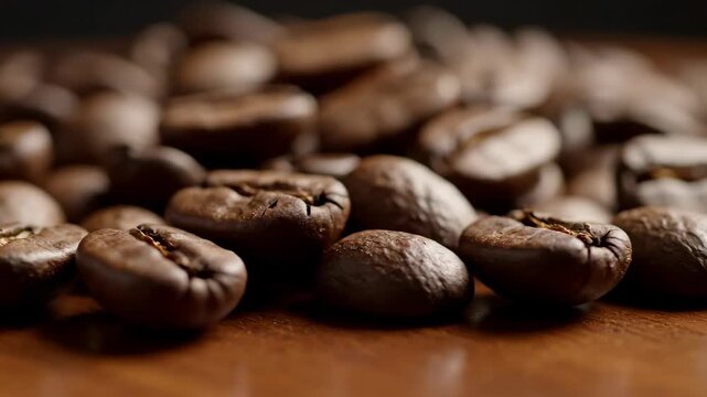 Closeup movement of roasting coffee beans on wooden surface