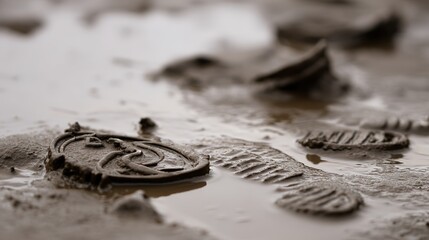 insignia. Crushed military insignia lies in mud amid scattered footprints, earthy tones. ESG reports, sustainability campaigns, designed for environmental awareness campaigns.