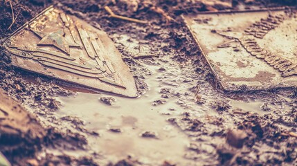 insignia. Crushed military insignia lies in mud amid scattered footprints, earthy tones. ESG reports, sustainability campaigns, designed for environmental awareness campaigns.