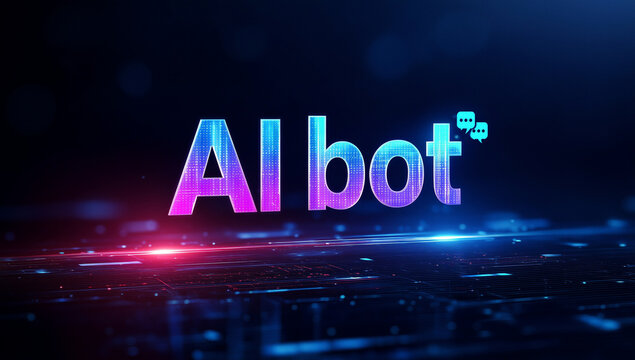 Vibrant neon AI bot text in purple-pink gradient glow with superscript symbol, futuristic digital floor reflection, high-tech artificial intelligence branding, dark background