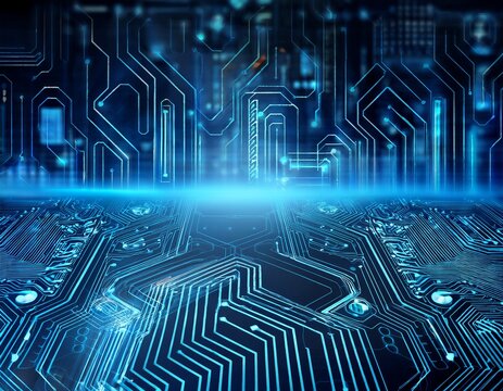 futuristic digital circuit board background with glowing blue lines and holographic overlays