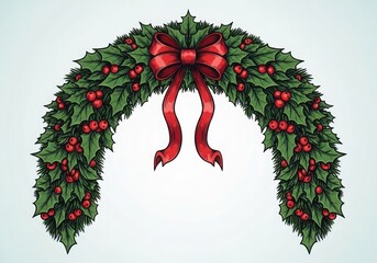Christmas holiday holly garland with red berries and a festive red bow